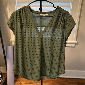 Fun 2 Fun Olive V-Neck Blouse with Pattern